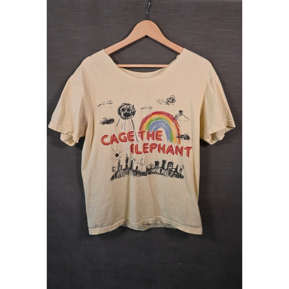 Cage The Elephant Band T-Shirt Cream Graphic Rainbow UFO Raw Neck Women Medium